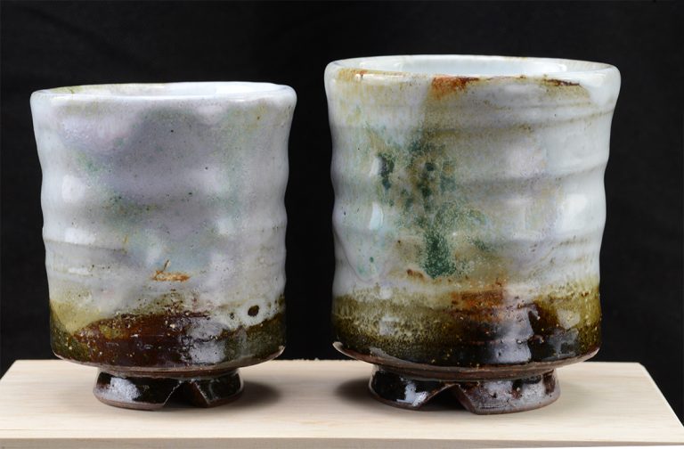 Yamane Seigan Ao szivárványos Hagi Yunomi teáscsésze pár